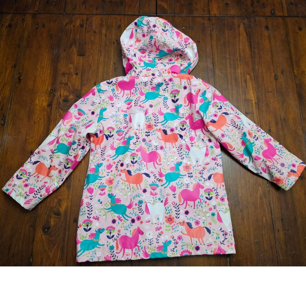 Hatley Girls Pink Horse Floral Print Hooded Rain Jacket Size 5 Terry Lined - Picture 2 of 7